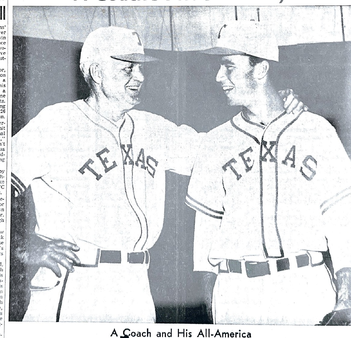 Coach Bibb Falk standing with Chuck Knutson in Texas baseball uniforms